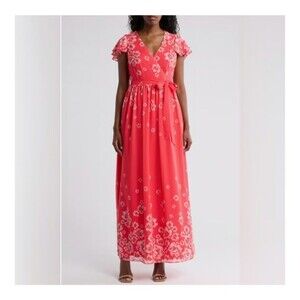 NWT Eliza J Dress Womens 6 Red Floral Chiffon Wrap Maxi Belted Flutter Sleeve